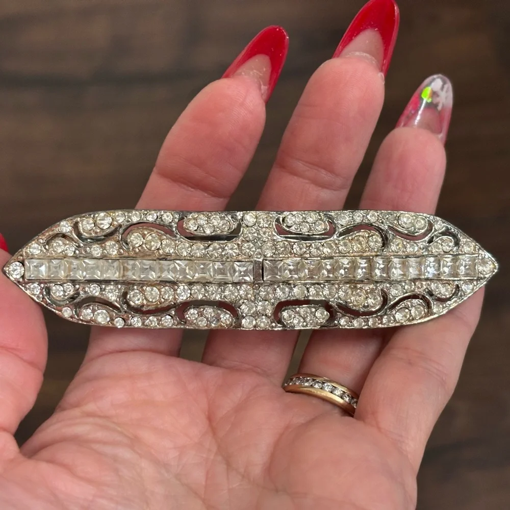 Vintage rhinestone crystal silver tone hair clip made in France
